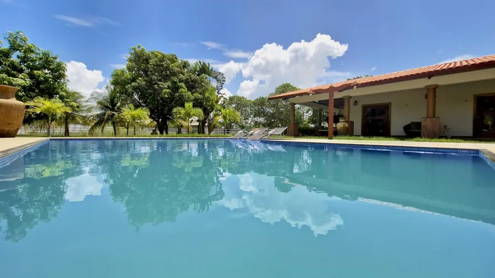 Piscina com jardim, árvores e varanda da casa ao fundo.